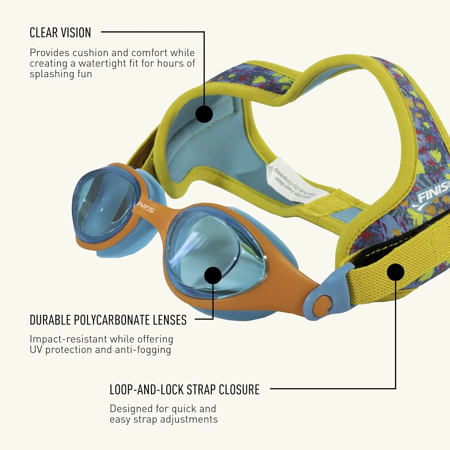 FINIS DragonFly Kids Swim Goggles - Ages 3-8 - UV Protection - Floating Neoprene Strap - Soft Silicone Fit - Shell