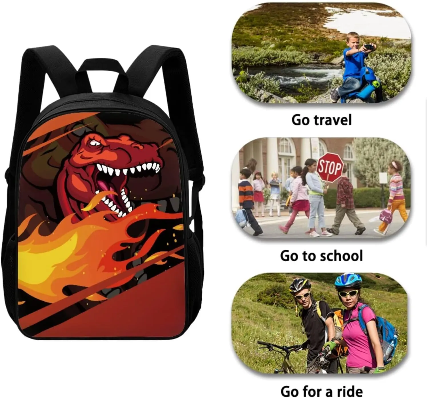 Fire Dinosaur Bookbags for 6th Grade Boys School Bag 4-in-1 Elementary Backpack for Boys with Bottle Pocket Lunch Box and Pencil Case Casual Daypack Backpacks for Teenager