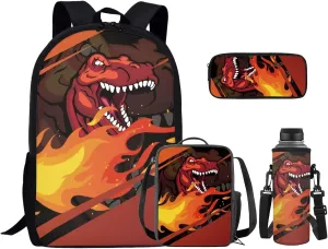 Fire Dinosaur Bookbags for 6th Grade Boys School Bag 4-in-1 Elementary Backpack for Boys with Bottle Pocket Lunch Box and Pencil Case Casual Daypack Backpacks for Teenager
