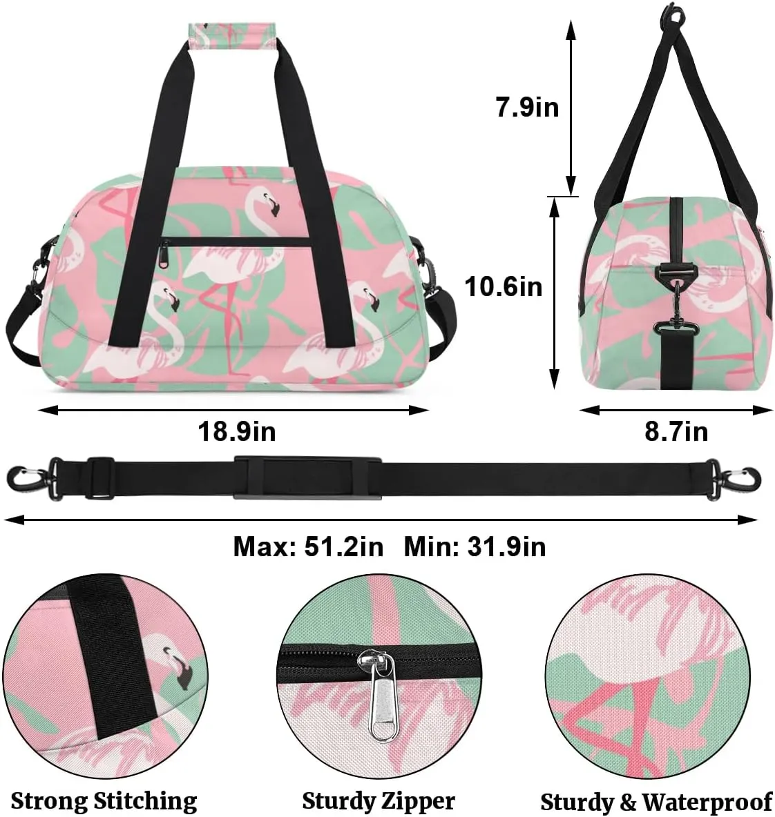 Flamingo Design Decor Gym Bag Sports Duffle Bag Weekend Sleepover Duffel Bags Small Travel Tote for Overnight Workout Gymnastics Dance Ballet