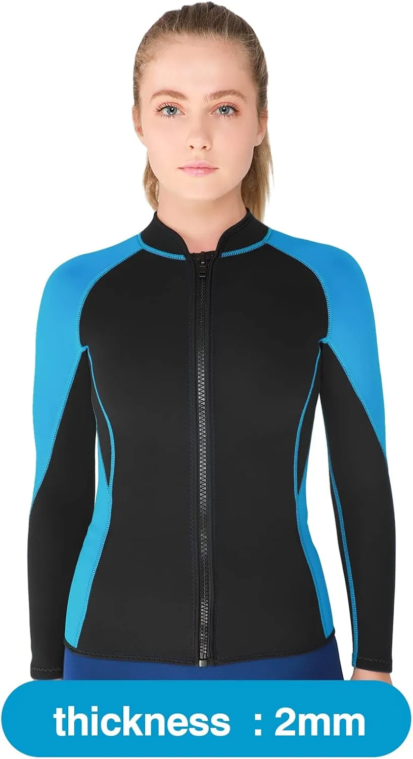FLEXEL Wetsuit Top Jacket Women Men, 2mm Neoprene Long Sleeve Wetsuit 3mm Front Zipper Wet Suit Jacket for Adult Youth Keep Warm in Cold Water for Swimming Surfing Snorkeling Kayaking Scuba Diving