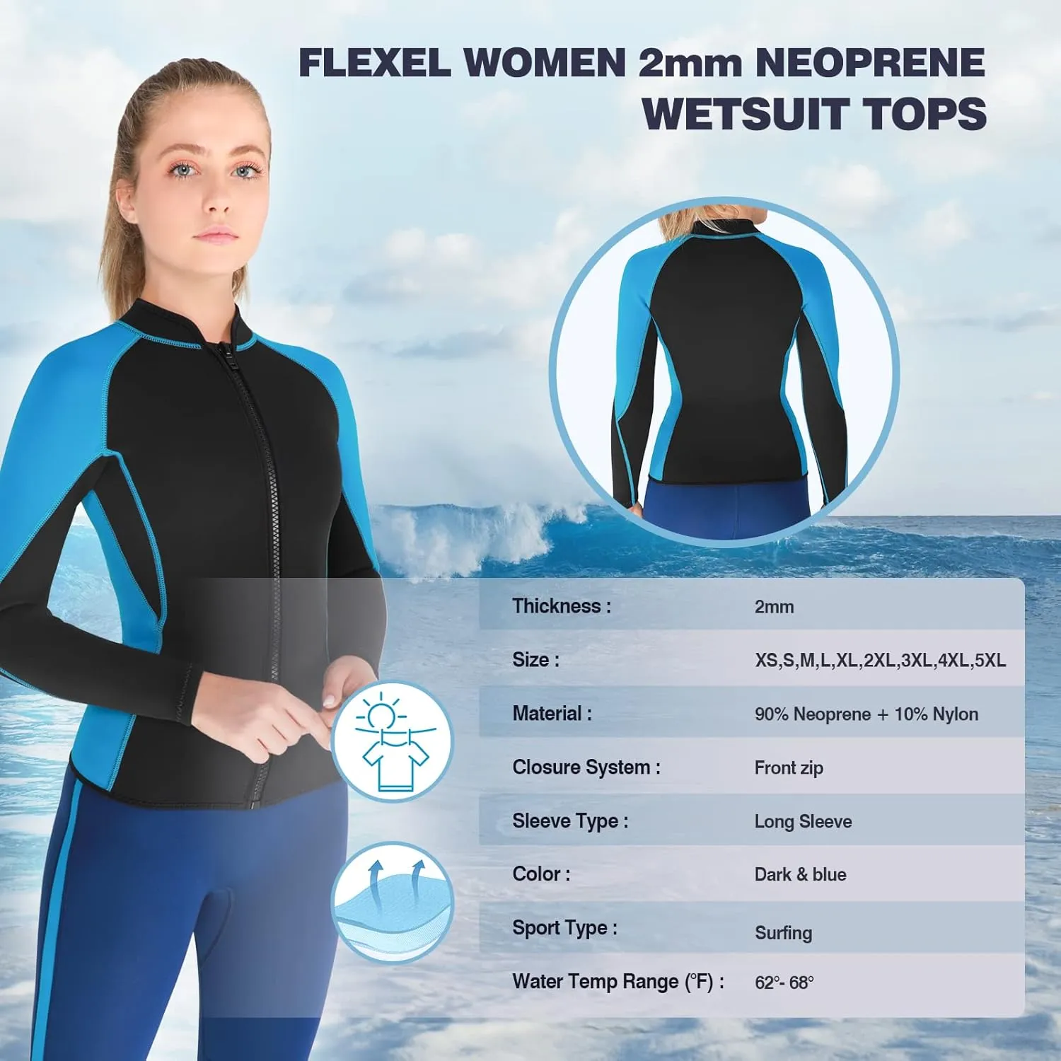FLEXEL Wetsuit Top Jacket Women Men, 2mm Neoprene Long Sleeve Wetsuit 3mm Front Zipper Wet Suit Jacket for Adult Youth Keep Warm in Cold Water for Swimming Surfing Snorkeling Kayaking Scuba Diving