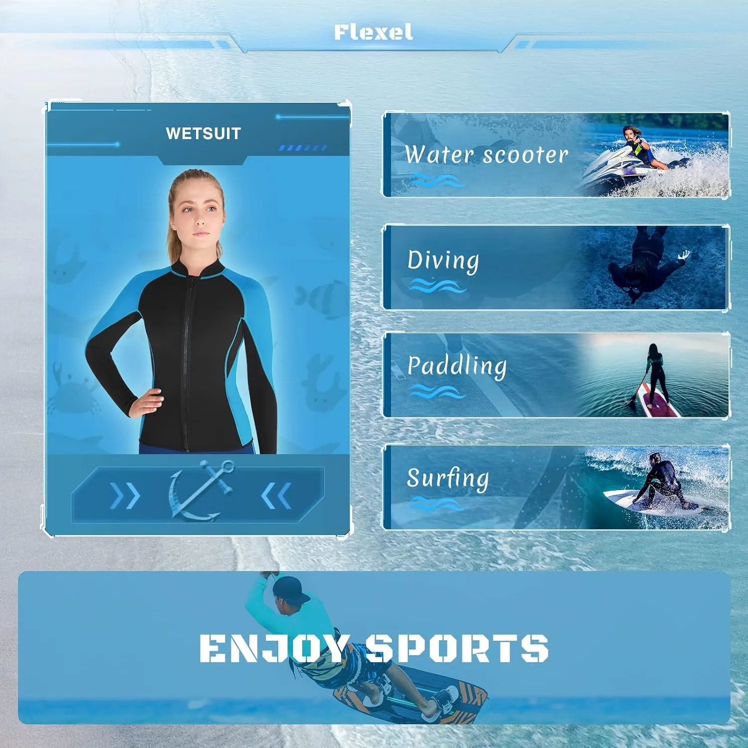 FLEXEL Wetsuit Top Jacket Women Men, 2mm Neoprene Long Sleeve Wetsuit 3mm Front Zipper Wet Suit Jacket for Adult Youth Keep Warm in Cold Water for Swimming Surfing Snorkeling Kayaking Scuba Diving