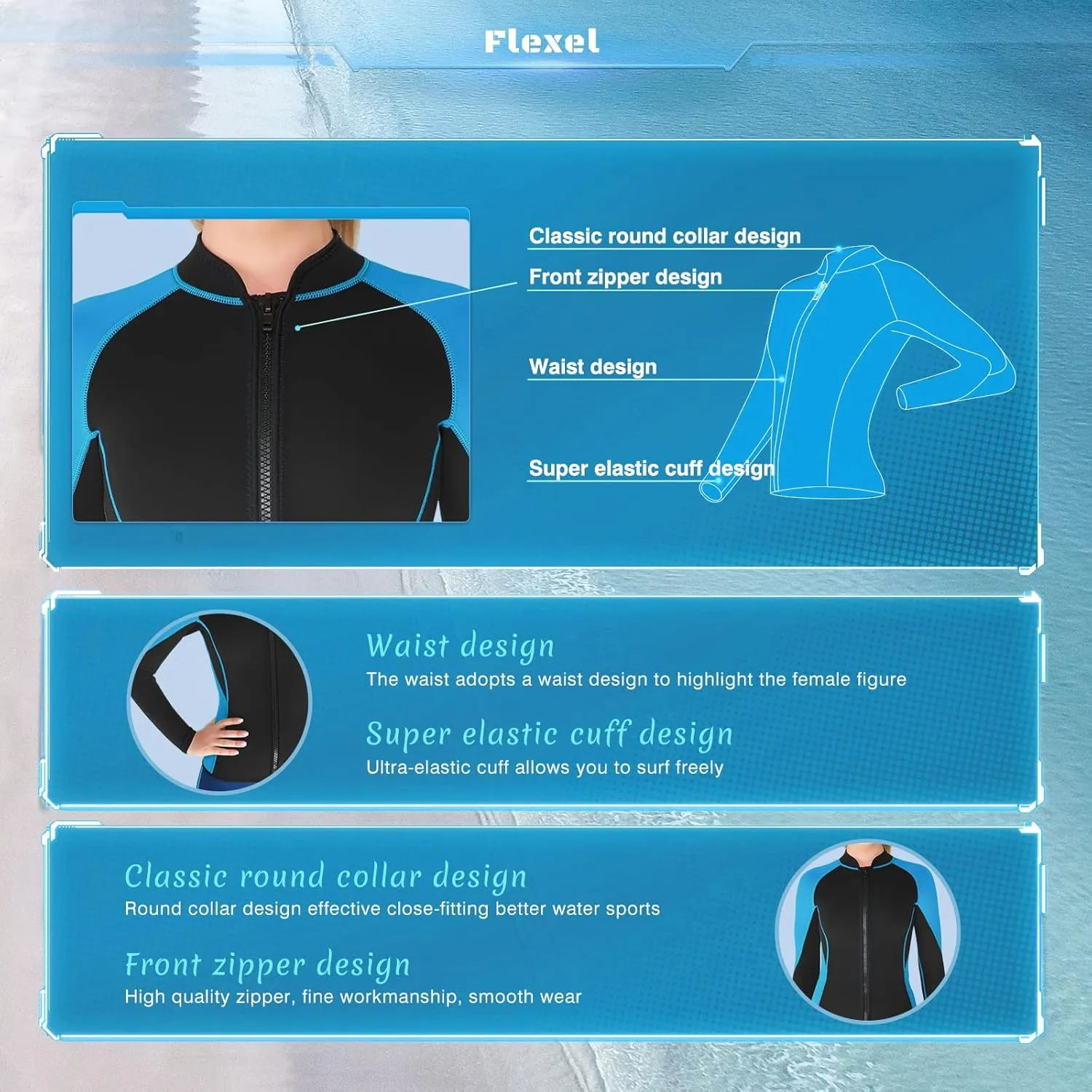 FLEXEL Wetsuit Top Jacket Women Men, 2mm Neoprene Long Sleeve Wetsuit 3mm Front Zipper Wet Suit Jacket for Adult Youth Keep Warm in Cold Water for Swimming Surfing Snorkeling Kayaking Scuba Diving