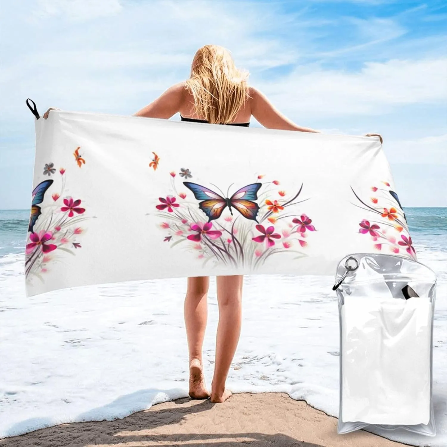 Floral Butterfly Premium Compact Microfiber Travel Towel-Featherlight & Quick Dry,Sand-Resistant Beach Towel for Swimming,Camping,Vacation Essentials with Carry Pouch