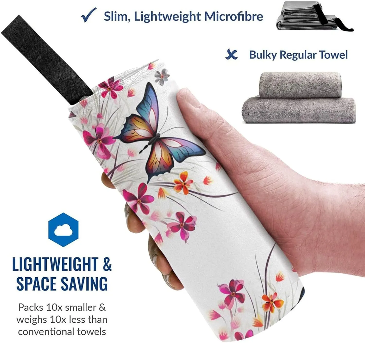 Floral Butterfly Premium Compact Microfiber Travel Towel-Featherlight & Quick Dry,Sand-Resistant Beach Towel for Swimming,Camping,Vacation Essentials with Carry Pouch