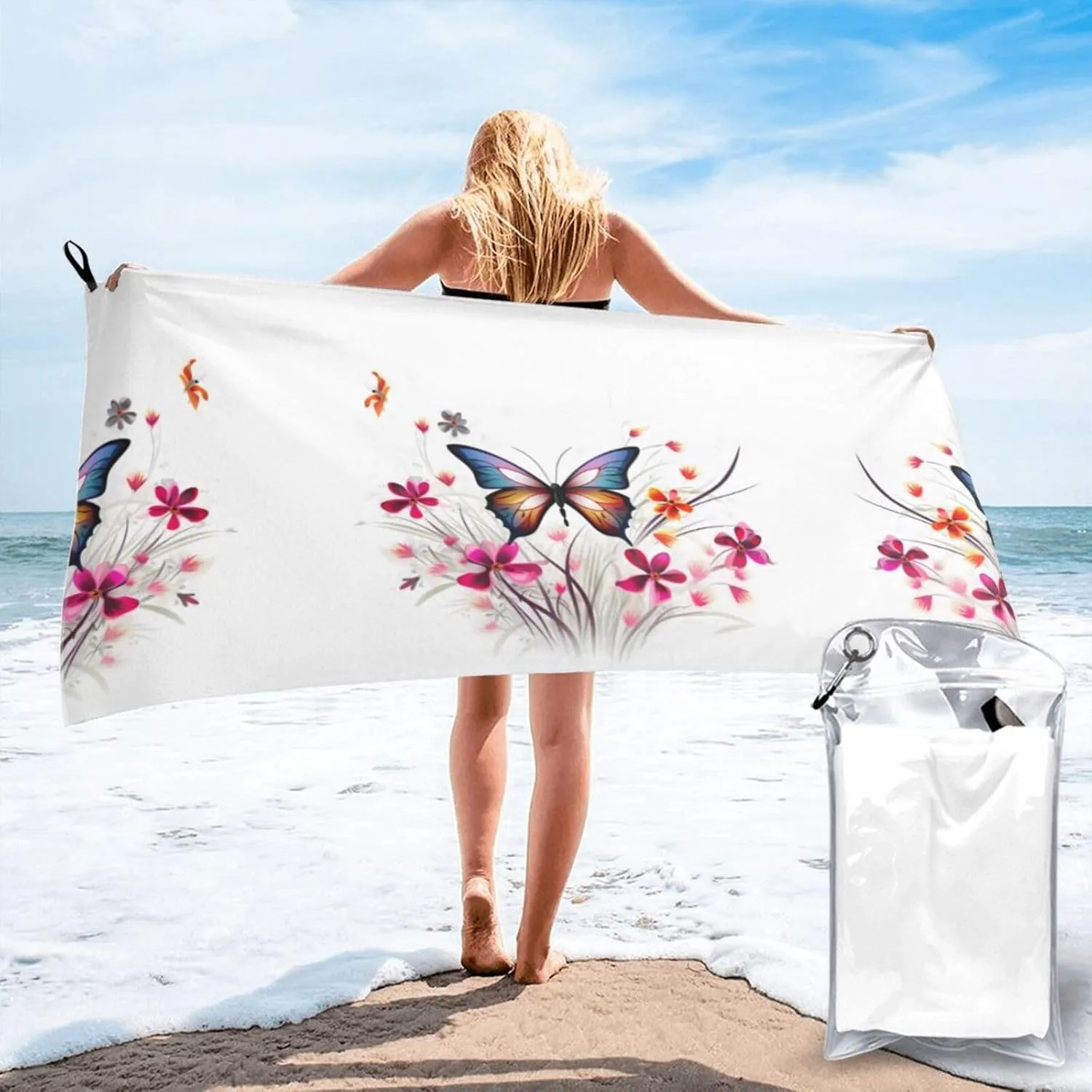 Floral Butterfly Premium Compact Microfiber Travel Towel-Featherlight & Quick Dry,Sand-Resistant Beach Towel for Swimming,Camping,Vacation Essentials with Carry Pouch