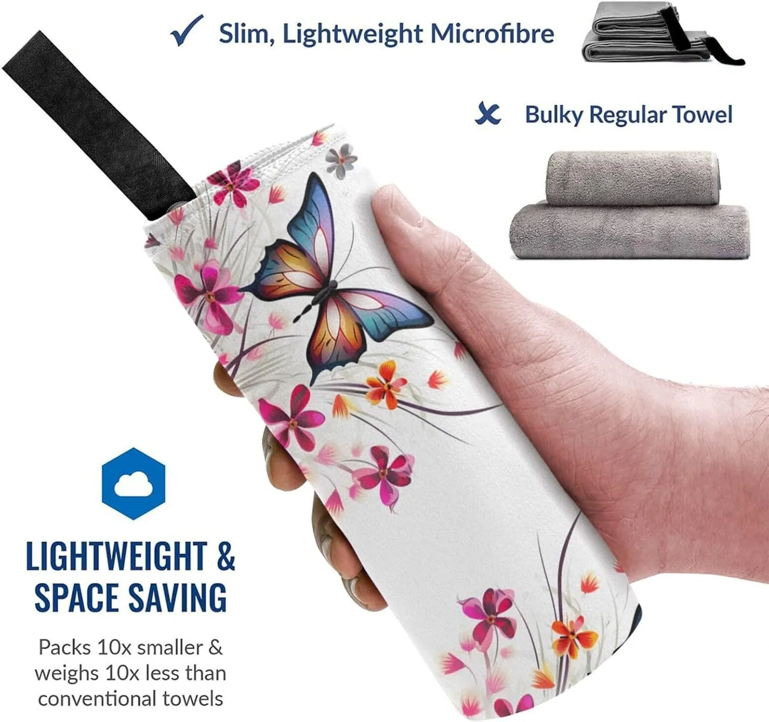 Floral Butterfly Premium Compact Microfiber Travel Towel-Featherlight & Quick Dry,Sand-Resistant Beach Towel for Swimming,Camping,Vacation Essentials with Carry Pouch