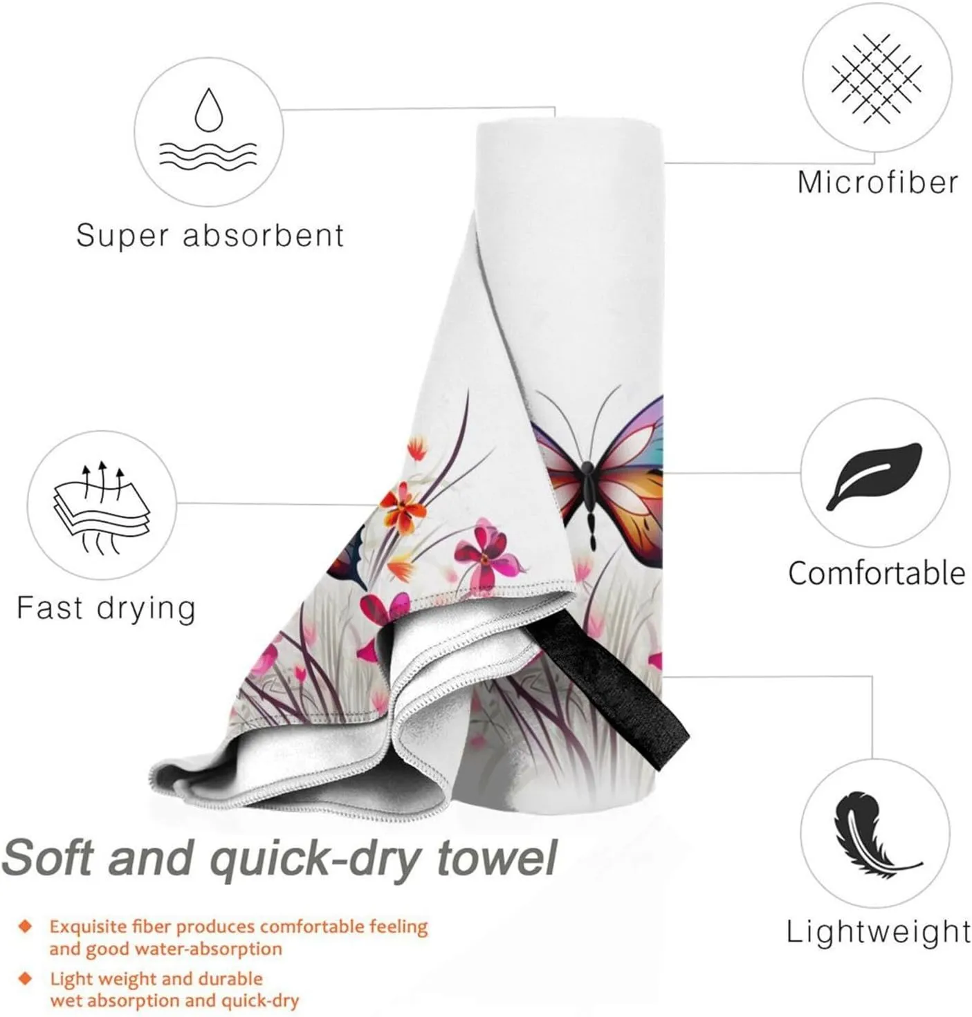 Floral Butterfly Premium Compact Microfiber Travel Towel-Featherlight & Quick Dry,Sand-Resistant Beach Towel for Swimming,Camping,Vacation Essentials with Carry Pouch