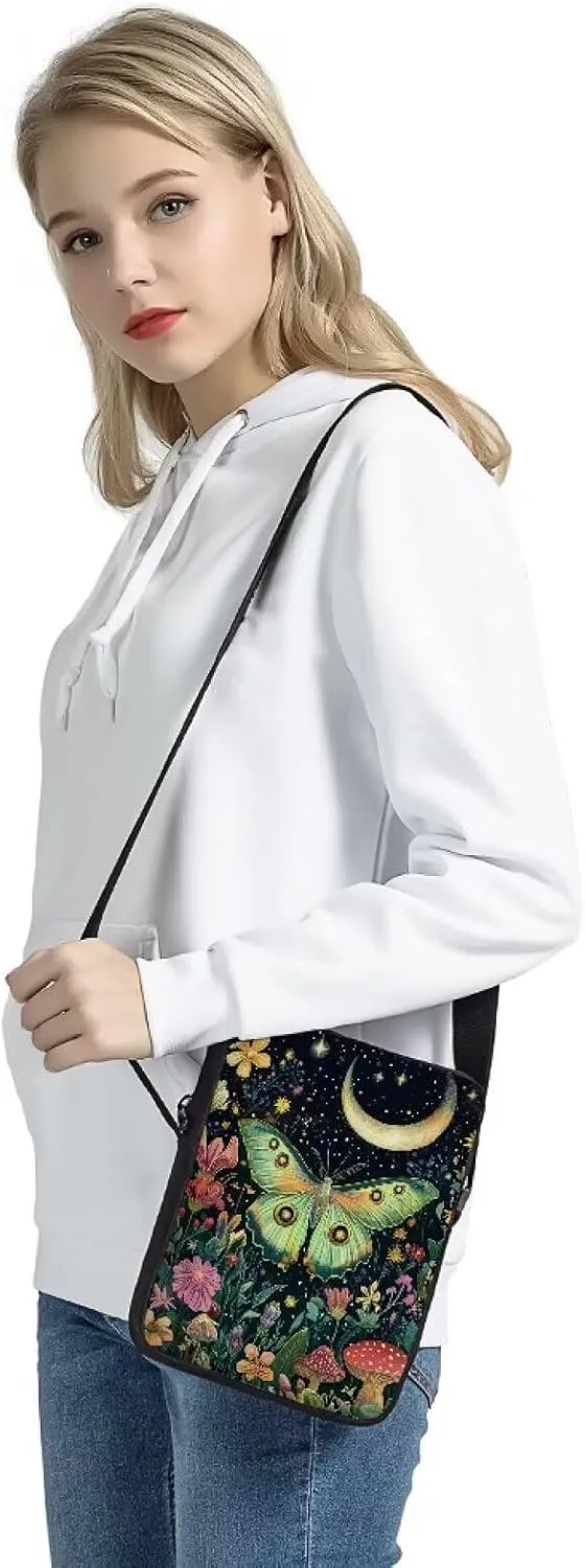 Floral Moth Small Crossbody Bag for Women Portable Messenger Bag for Work Travel Lightweight Cell Phone Purse Wallet Canvas Crossbody Shoulder Pouch