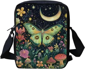 Floral Moth Small Crossbody Bag for Women Portable Messenger Bag for Work Travel Lightweight Cell Phone Purse Wallet Canvas Crossbody Shoulder Pouch