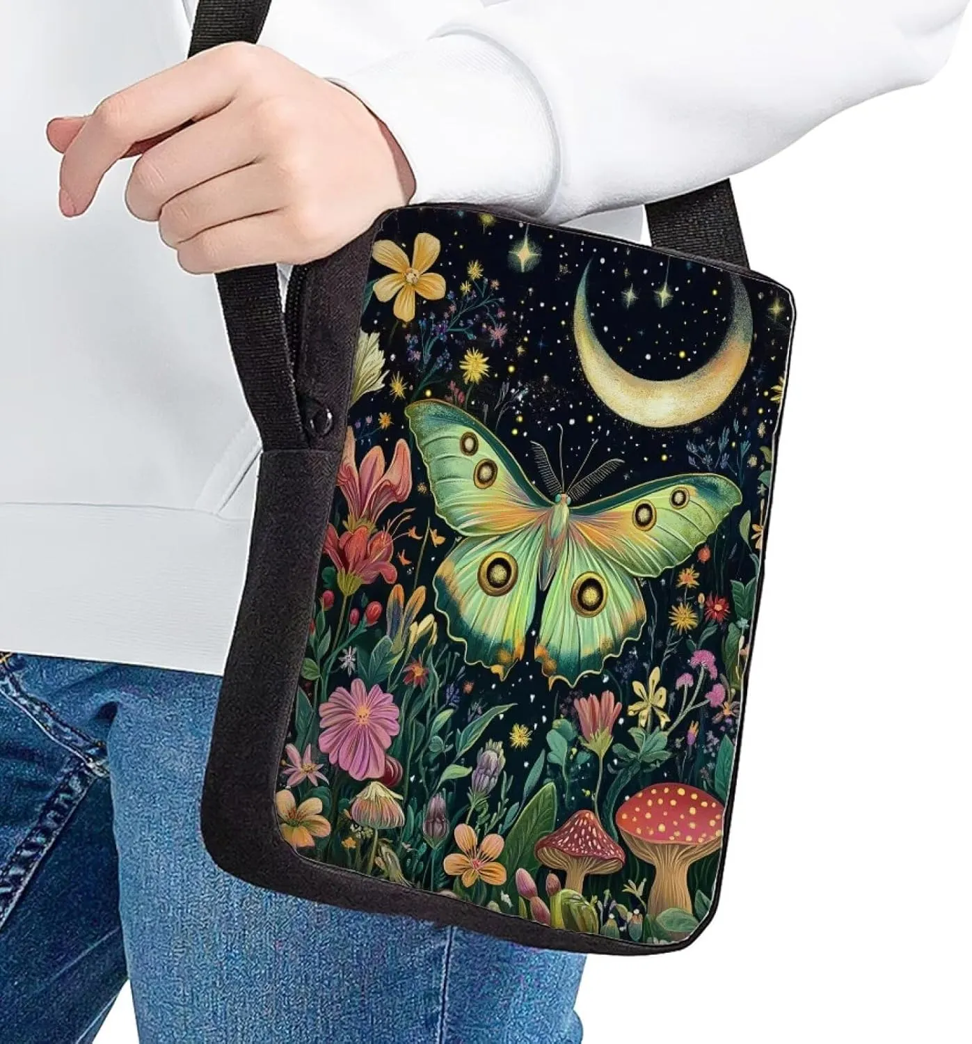 Floral Moth Small Crossbody Bag for Women Portable Messenger Bag for Work Travel Lightweight Cell Phone Purse Wallet Canvas Crossbody Shoulder Pouch