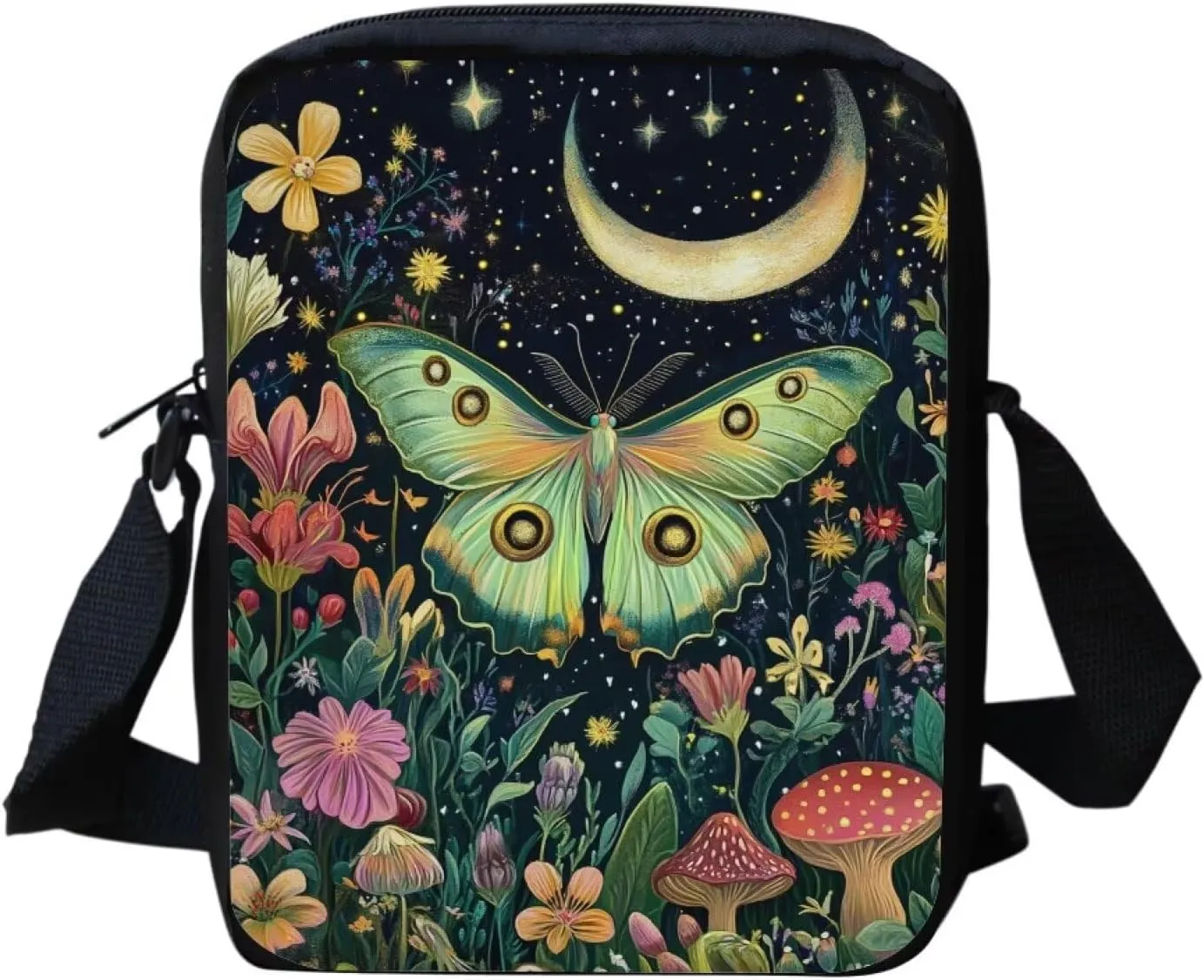 Floral Moth Small Crossbody Bag for Women Portable Messenger Bag for Work Travel Lightweight Cell Phone Purse Wallet Canvas Crossbody Shoulder Pouch