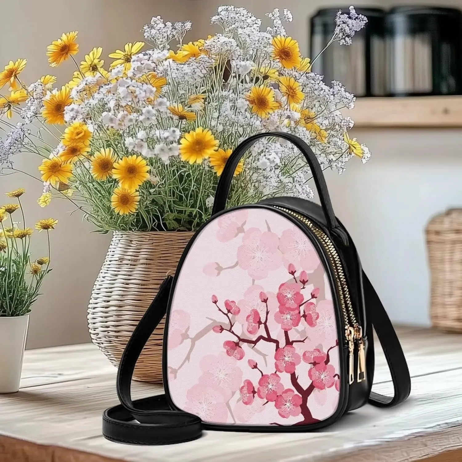 Flowers Crossbody Bags for Women, PU Leather Cross Body Wallet Phone Holder Top Handle Shoulder Bag Travel Handbag