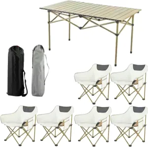 Folding Camping Table with Chairs Set, Portable Picnic Carrying Bag and Aluminum Roll-up Top Lightweight Compact Table, Easy to Assemble