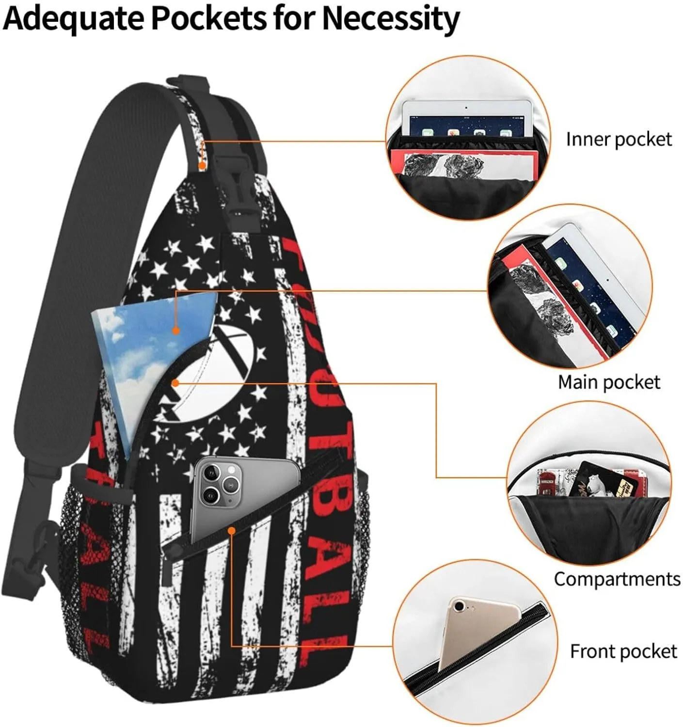 Football American Flag Sport Crossbody Sling Bag Chest Bags Casual Shoulder Backpack Sport Fanny Pack Gym Diagonally Daypack with Adjustable Strap for Running