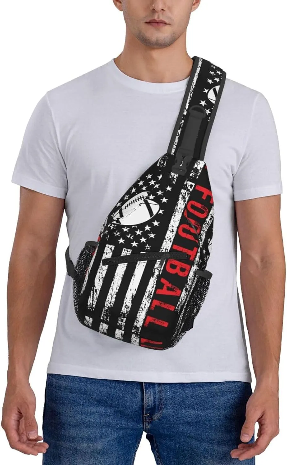 Football American Flag Sport Crossbody Sling Bag Chest Bags Casual Shoulder Backpack Sport Fanny Pack Gym Diagonally Daypack with Adjustable Strap for Running