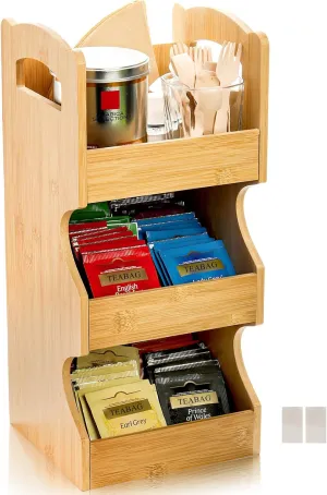 Foraineam Tea Bag Organizer Bamboo Coffee Condiment and Accessories Storage Holder, 3 Tier Teabag Shelf Coffee Pod Organizer Caddy Storage Box, Vertical Tea Packet Rack for Home, Office, Café