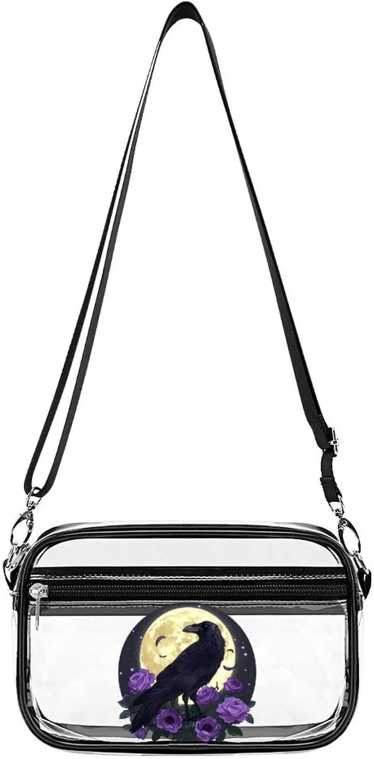 Full Moon Gothic Witchy Crow Roses Mystical Clear Bag PVC Clear Crossbody Purse Bag Transparent Shoulder Handbag with Adjustable Strap