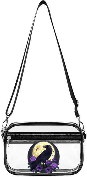 Full Moon Gothic Witchy Crow Roses Mystical Clear Bag PVC Clear Crossbody Purse Bag Transparent Shoulder Handbag with Adjustable Strap