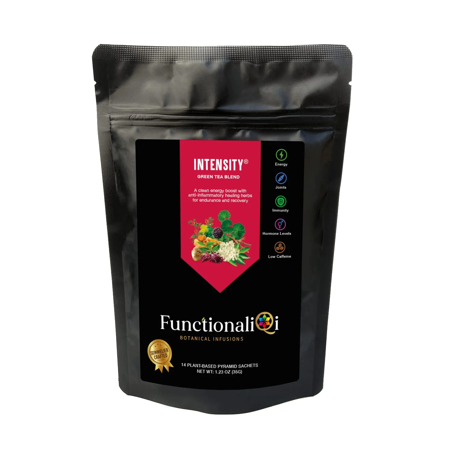 FunctionaliQi Intensity Green Tea Bags Turmeric Hibiscus Tea for Workout Endurance and Muscle Recovery with Adaptogenic Ashwagandha Maca Gotu Kola Rhodiola Rosea Eleuthero Lemongrass (14 tea bags)