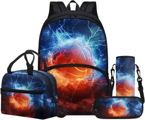 Funny Basketball Print Backpack for Girls 8-10 Elementary School Bag with Lunch Tote Bag Pencil Case Bottle Sleeve 4 in 1 Lightweight Backpack Purse Teens Camping Insulated Lunch Bag