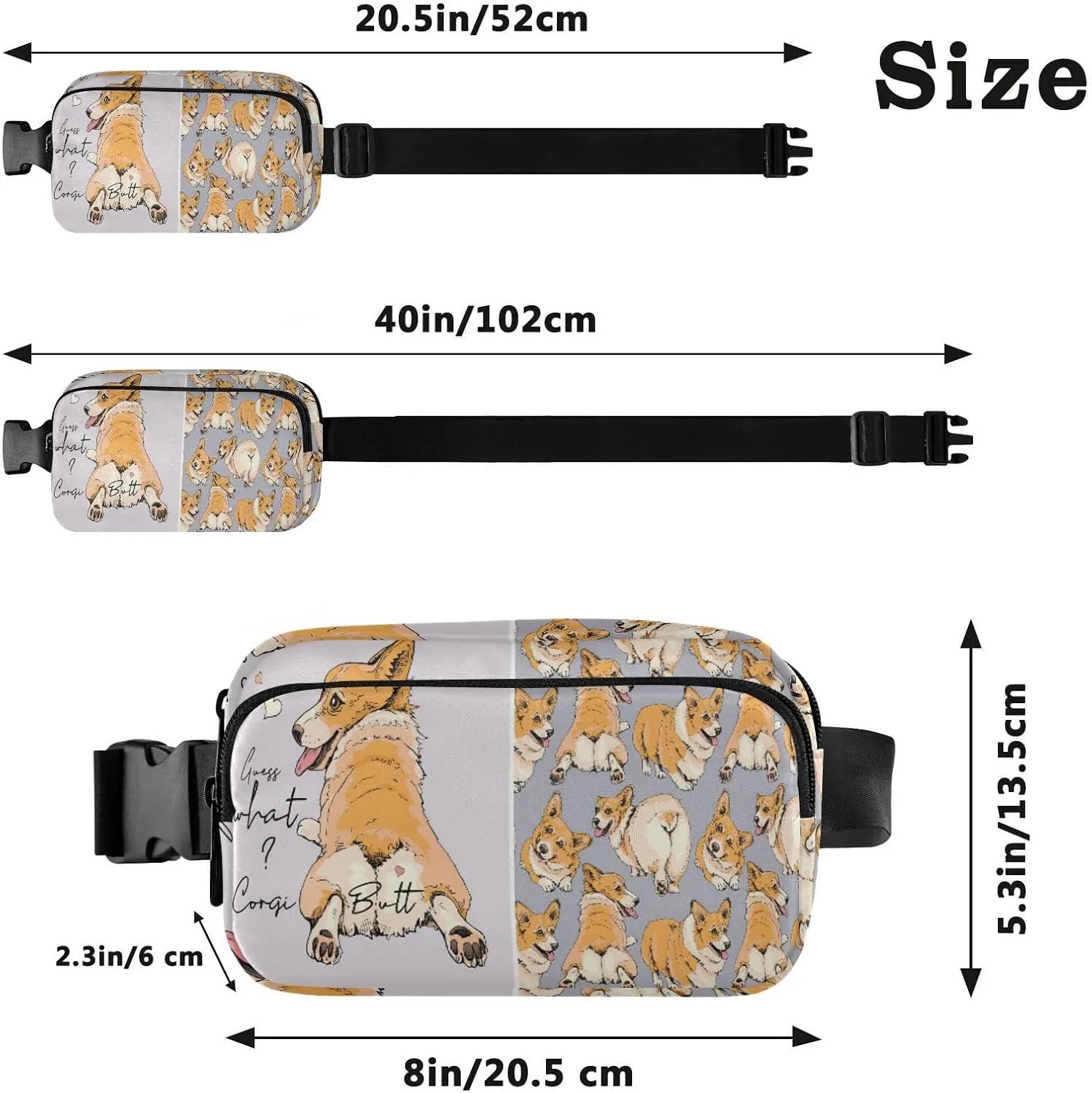 Funny Cute Welsh Corgi in a Different Poses Butt Humor Textile Adjustable Belt Running Bag, Crossbody Fanny Pack Waist Runners Bag Tote for Women Men Sports Hiking Fitness Exercise Gym Pouch