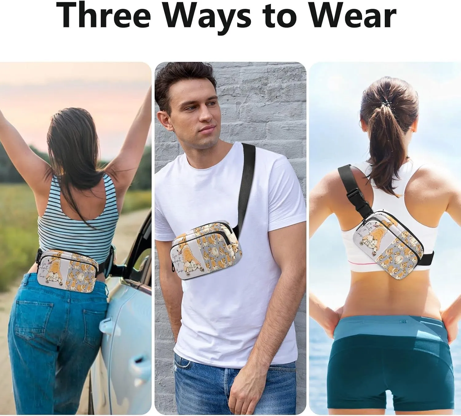 Funny Cute Welsh Corgi in a Different Poses Butt Humor Textile Adjustable Belt Running Bag, Crossbody Fanny Pack Waist Runners Bag Tote for Women Men Sports Hiking Fitness Exercise Gym Pouch