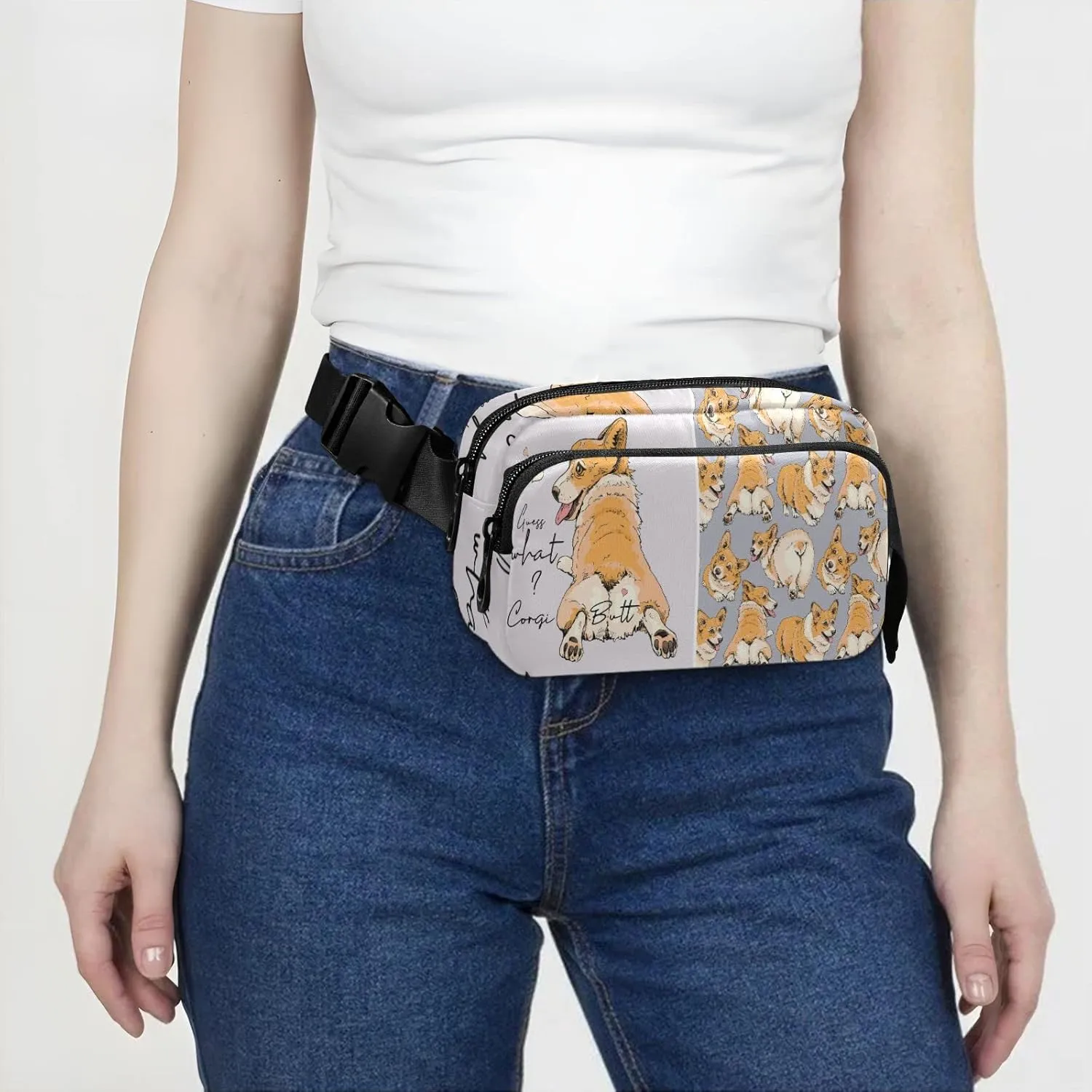 Funny Cute Welsh Corgi in a Different Poses Butt Humor Textile Adjustable Belt Running Bag, Crossbody Fanny Pack Waist Runners Bag Tote for Women Men Sports Hiking Fitness Exercise Gym Pouch
