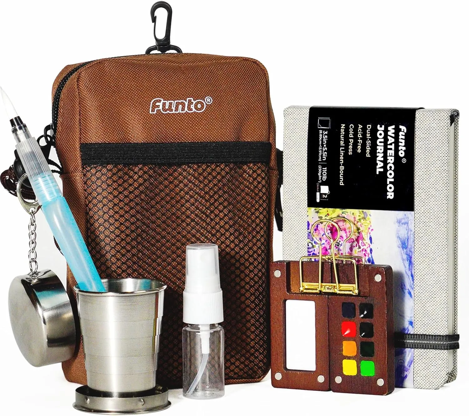 Funto Mini Watercolor Paint Set, All-In-One Walnut Wood 8-Color Premium Pocket Travel Paint Kit, with Crossbody Bag, Watercolor Journal, Metal Clip, Paint Water Cup, Water Brush, Ideal for Art Lovers