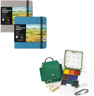 Funto Watercolor Artist Bundle, Funto Watercolor Journal, Square, Blue and Gray, Dual-Sided Cold-Pressed Paper, 5.5" x 5.5" with Mini Travel Watercolor Paint Set