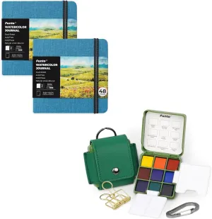 Funto Watercolor Artist Bundle, Funto Watercolor Journal, Square, Blue, Dual-Sided Cold-Pressed Paper, 5.5" x 5.5" with Mini Travel Watercolor Paint Set