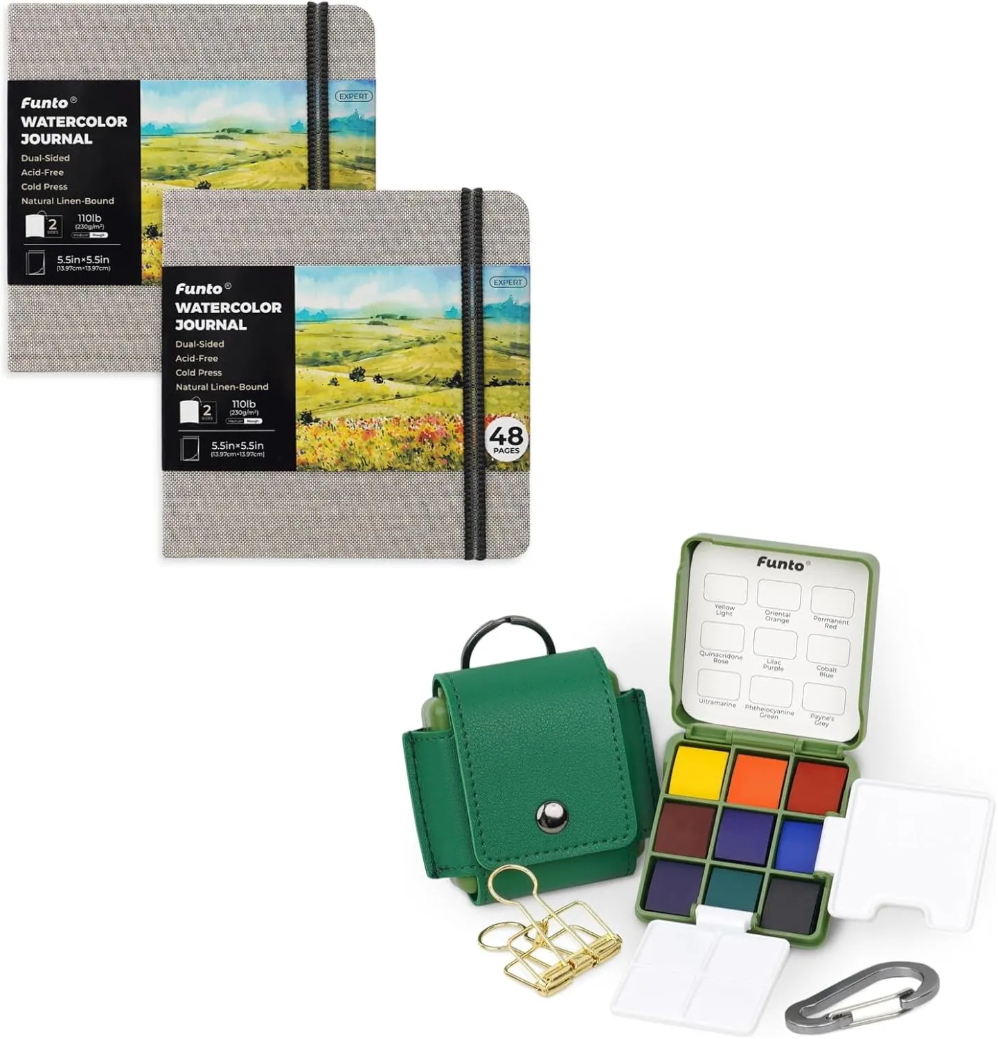 Funto Watercolor Artist Bundle, Funto Watercolor Journal, Square, Gray, Dual-Sided Cold-Pressed Paper, 5.5" x 5.5" with Mini Travel Watercolor Paint Set