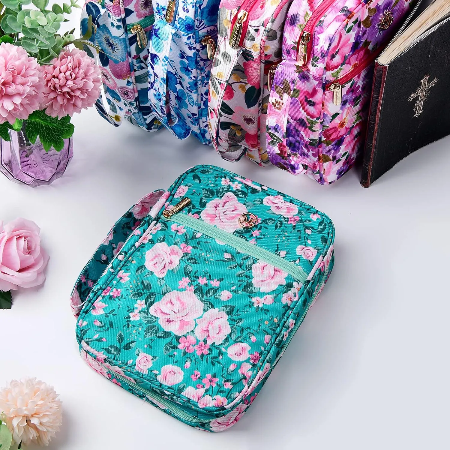 G-LEAF Bible Cover Case/Book Cover, Bible Case for Women Girls, Bible Cover Bags Floral Pattern With Handle Fits for Standard Size Bible, 9.5x6.7x2.5 In