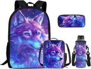 Galaxy Wolf 4pcs School Supplies Kids Book Bags Backpack Set Preschool Primary Middle Boys Girls Bookbag with Water Bottle Sleeve Lunch Box Pencil Case for Picnic Sports Hiking
