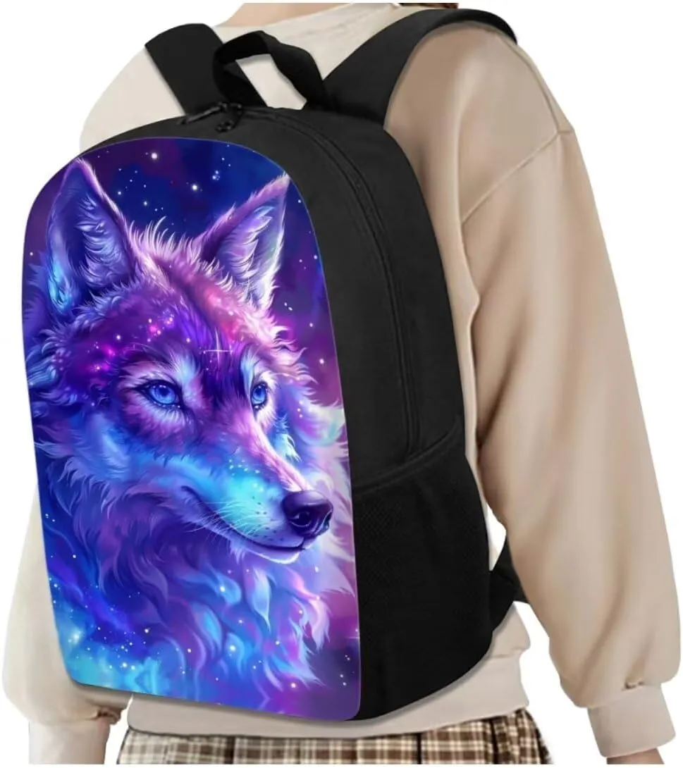 Galaxy Wolf 4pcs School Supplies Kids Book Bags Backpack Set Preschool Primary Middle Boys Girls Bookbag with Water Bottle Sleeve Lunch Box Pencil Case for Picnic Sports Hiking