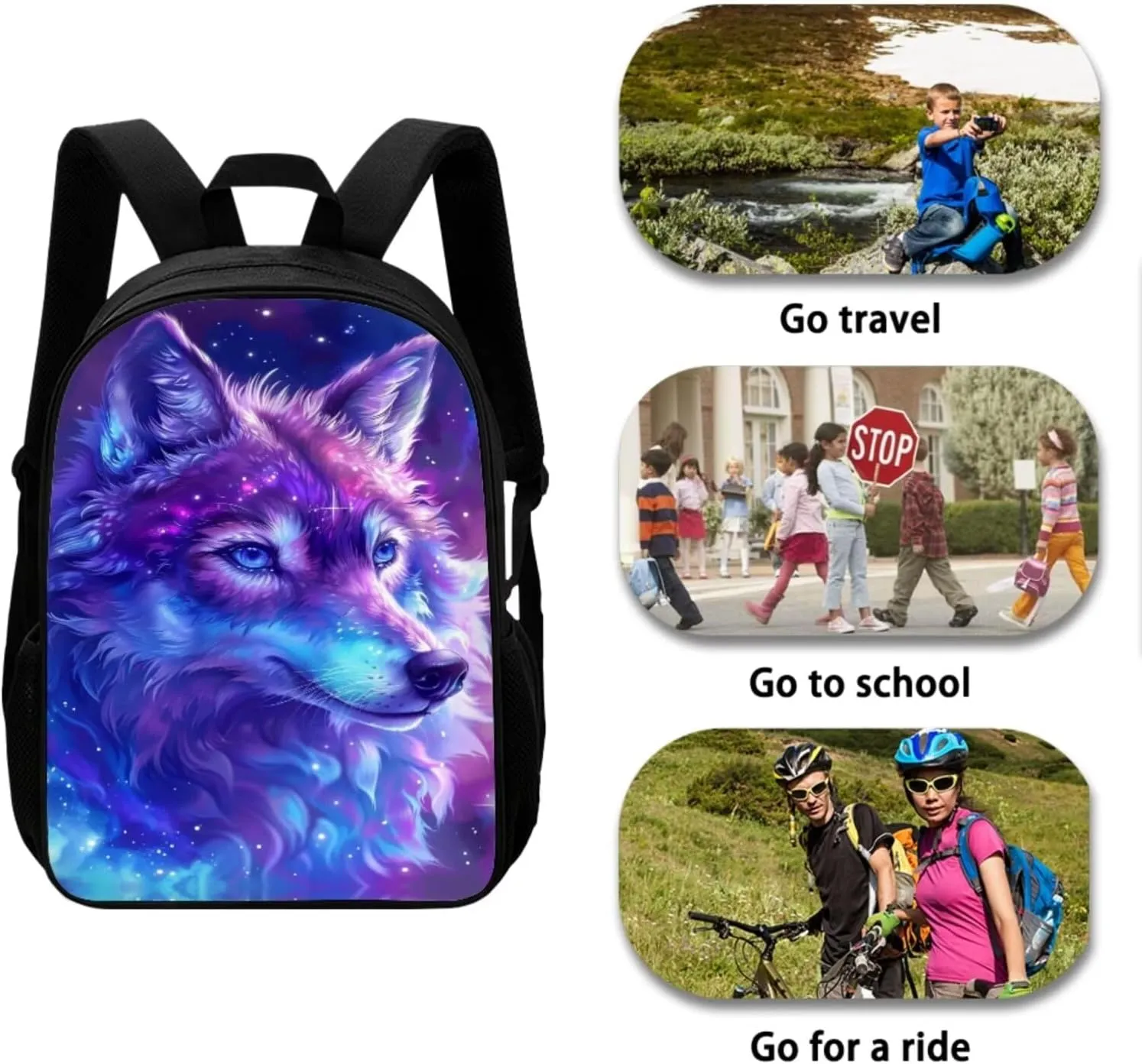 Galaxy Wolf 4pcs School Supplies Kids Book Bags Backpack Set Preschool Primary Middle Boys Girls Bookbag with Water Bottle Sleeve Lunch Box Pencil Case for Picnic Sports Hiking