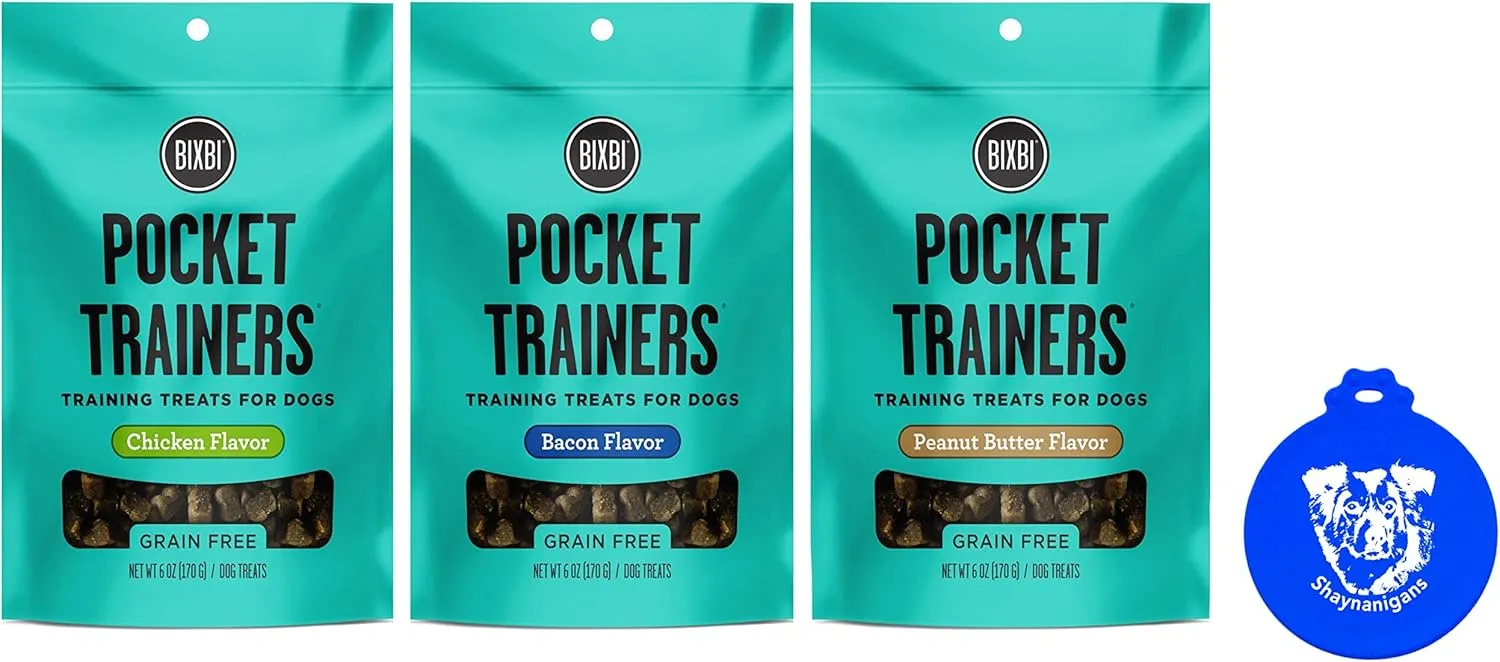 Generic Bixbi Pocket Trainers Grain Free Dog Training Treats in 3 Flavors: (1) Peanut Butter,(1) Bacon and (1) Chicken (3 Bags Total,6 Ounces Each) Plus Silicone Lid