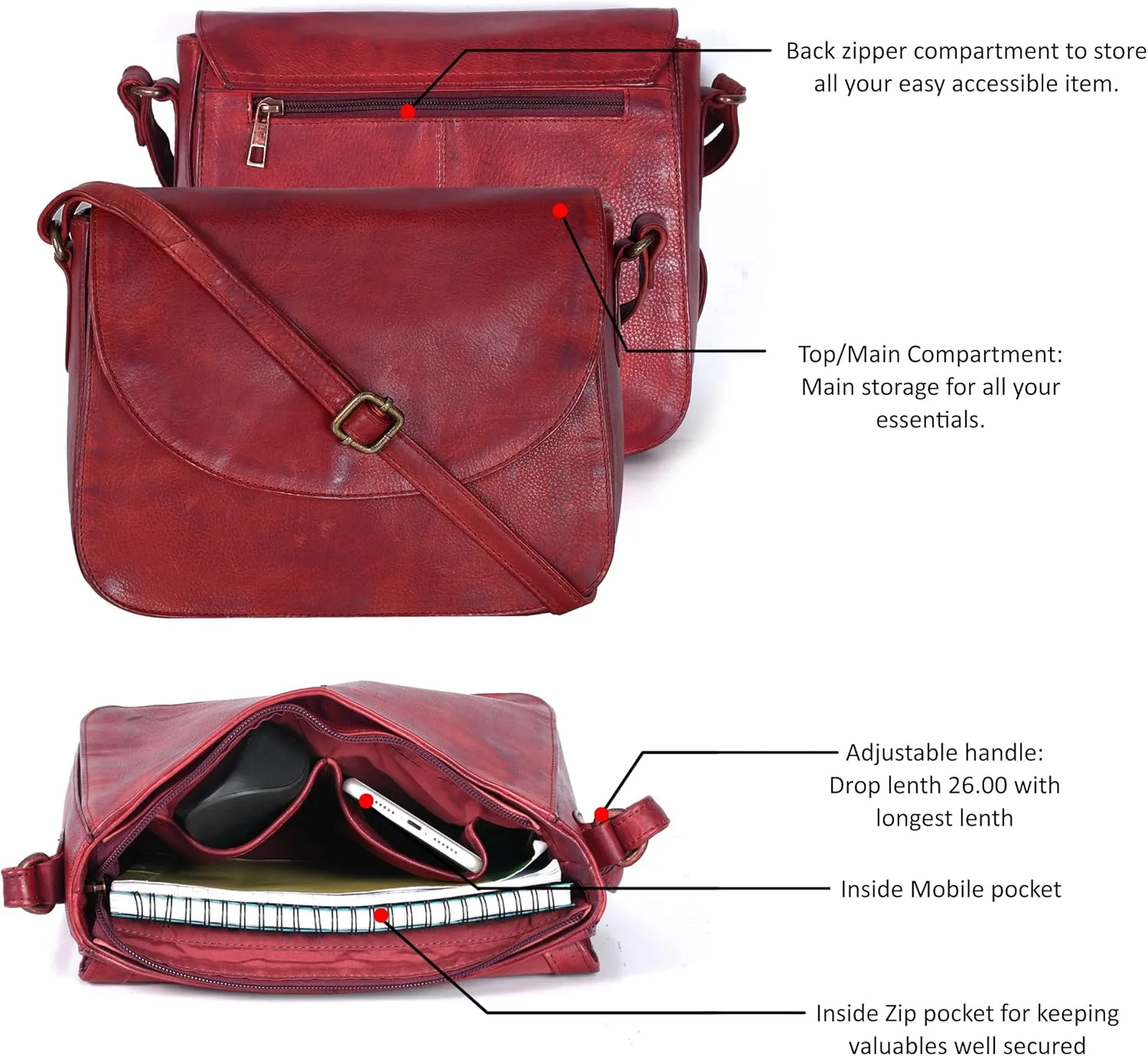 Genuine Leather Shoulder Crossbody Purse For Women with Adjustable Strap, Mobile Pocket & Outside & Inside Zipper