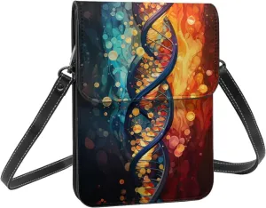 Geometric dna science red blue crossbody cell phone purse for womens lightweight small soft leather fashion travel wallet with adjustable strap