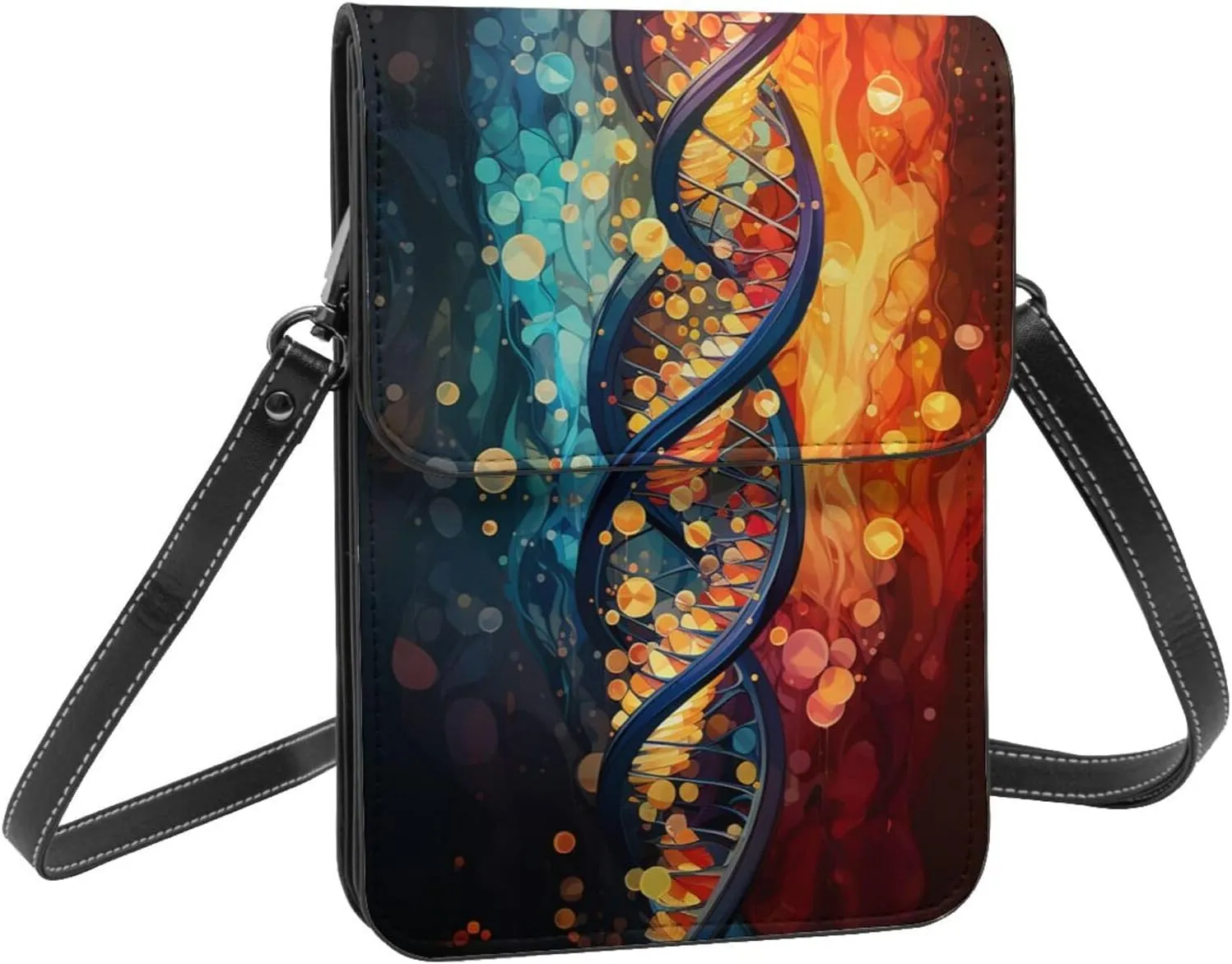 Geometric dna science red blue crossbody cell phone purse for womens lightweight small soft leather fashion travel wallet with adjustable strap