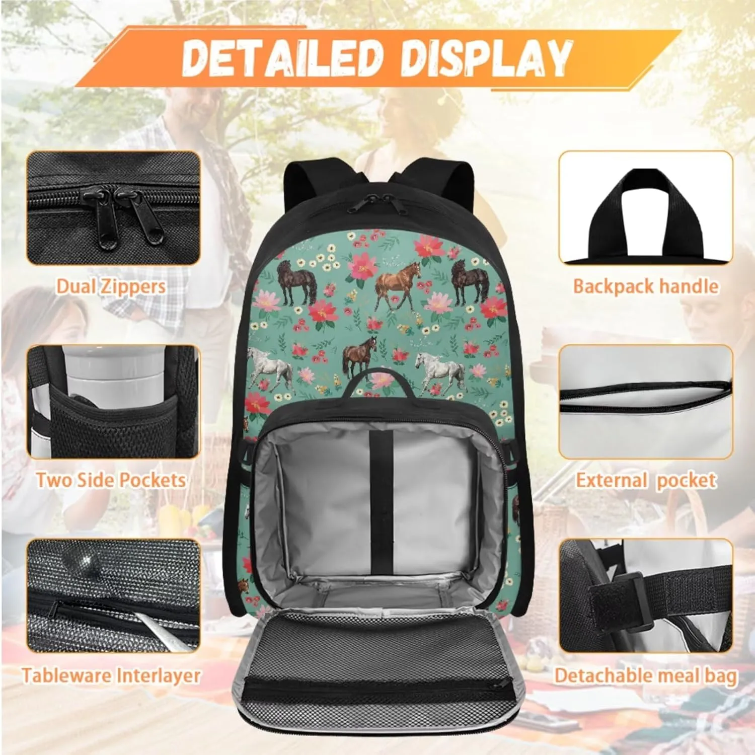Girls Bookbag with Lunch Box Horse Backpack for School Girls 6th Grade Novelty Kids Backpack with Lunch Box Breathable Shoulder Strap Book Bags for Classroom