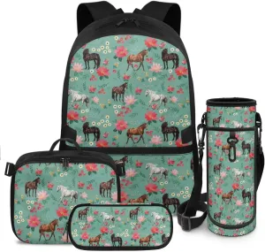 Girls Bookbag with Lunch Box Horse Backpack for School Girls 6th Grade Novelty Kids Backpack with Lunch Box Breathable Shoulder Strap Book Bags for Classroom