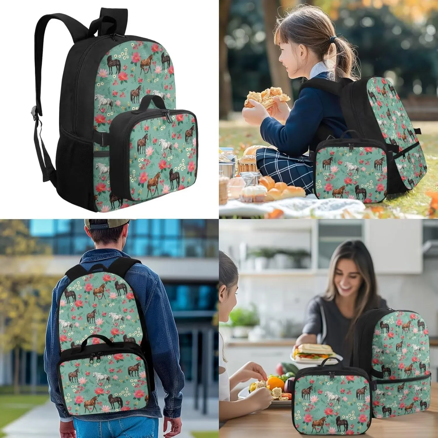 Girls Bookbag with Lunch Box Horse Backpack for School Girls 6th Grade Novelty Kids Backpack with Lunch Box Breathable Shoulder Strap Book Bags for Classroom
