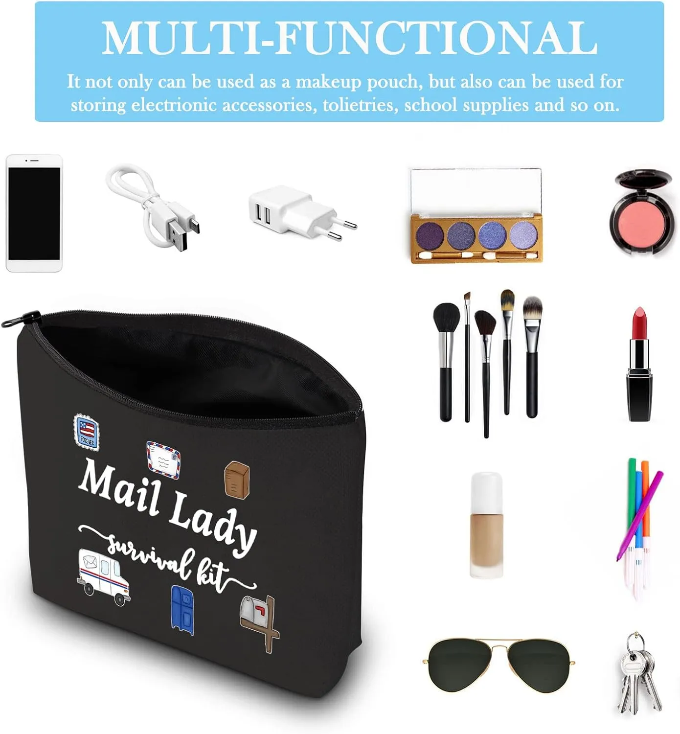 GJTIM Mail Lady Survival Kit Postal Worker Gift Zipper Pouch Makeup Bag Appreciation Gift for Mail Carrier Mailman (Survival Mail Lady Black)