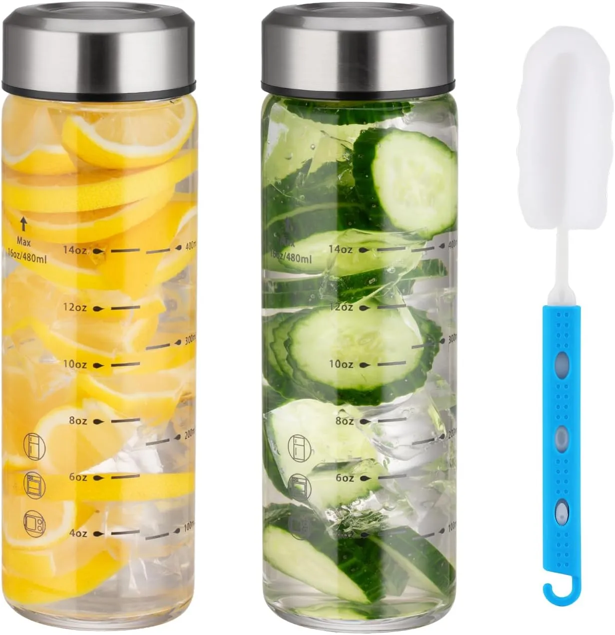 Glass Juice Bottles 16oz - 2 Pack Wide Mouth Water Bottles with Lids for Juicing Reusable Juice Bottles for Smoothie Beverage Storage BPA Free Leakproof Borosilicate