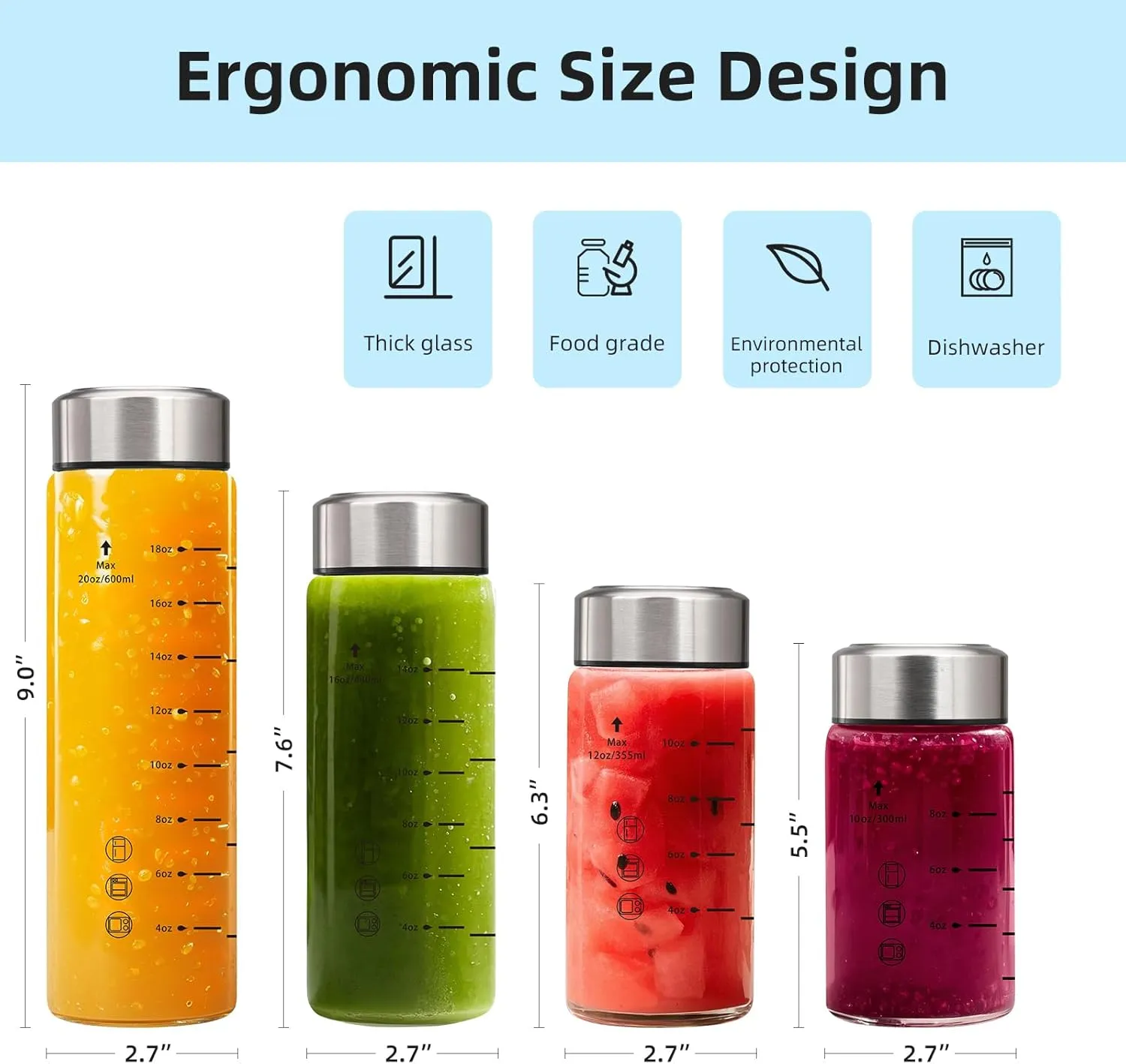 Glass Juice Bottles 16oz - 2 Pack Wide Mouth Water Bottles with Lids for Juicing Reusable Juice Bottles for Smoothie Beverage Storage BPA Free Leakproof Borosilicate