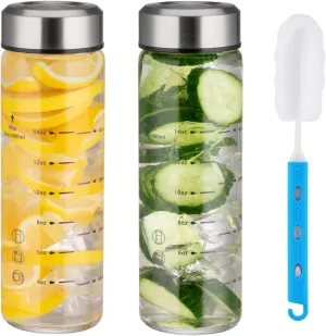 Glass Juice Bottles 16oz - 2 Pack Wide Mouth Water Bottles with Lids for Juicing Reusable Juice Bottles for Smoothie Beverage Storage BPA Free Leakproof Borosilicate