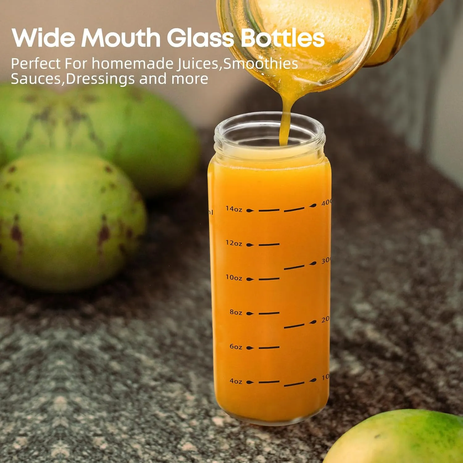 Glass Juice Bottles 16oz - 2 Pack Wide Mouth Water Bottles with Lids for Juicing Reusable Juice Bottles for Smoothie Beverage Storage BPA Free Leakproof Borosilicate