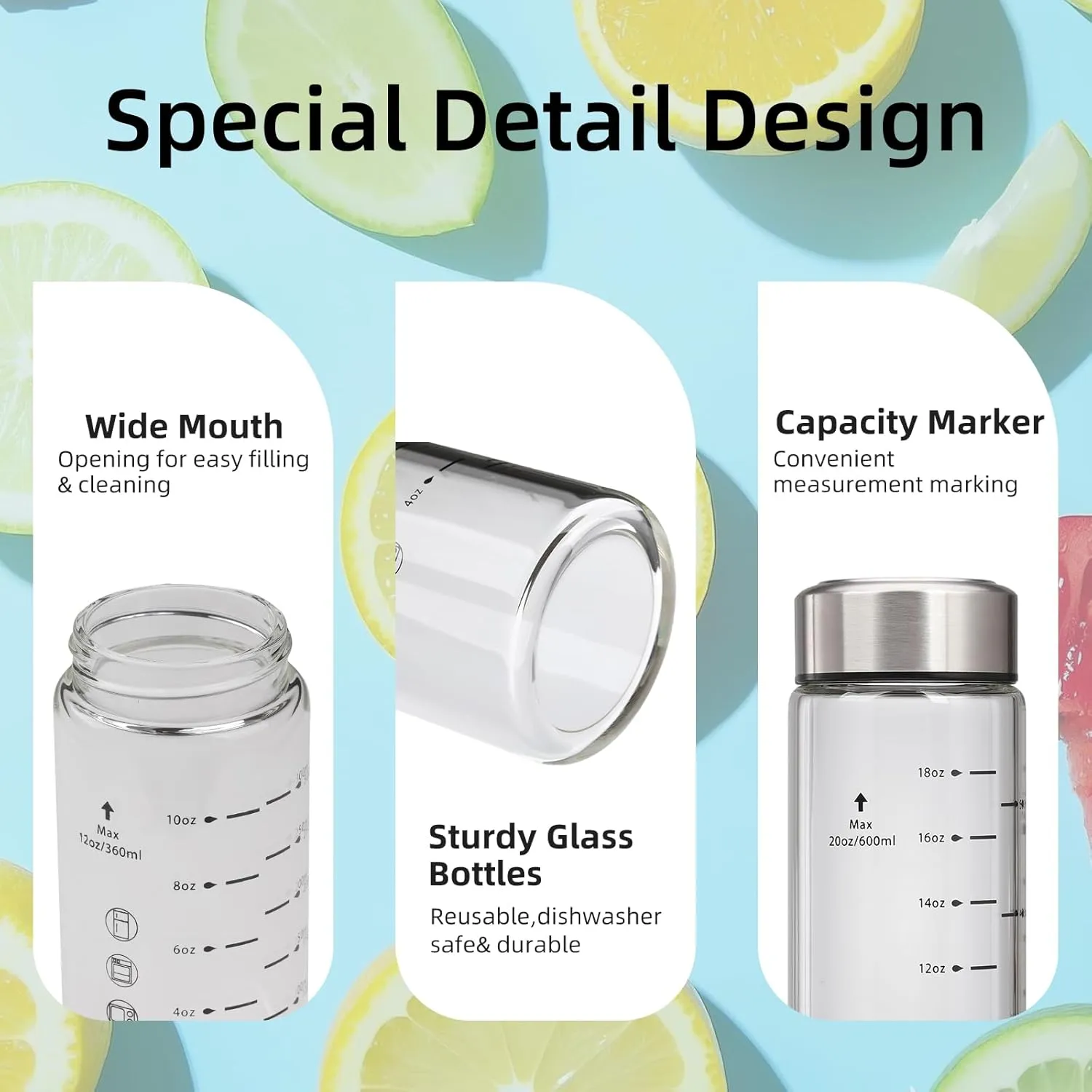 Glass Juice Bottles 16oz - 2 Pack Wide Mouth Water Bottles with Lids for Juicing Reusable Juice Bottles for Smoothie Beverage Storage BPA Free Leakproof Borosilicate
